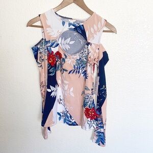 Guess Pink Floral Keyhole Front Cold Shoulder Long Sleeve Shirt